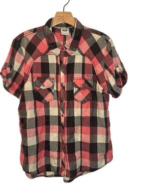 Harley-Davidson Women's Embroidered Short Sleeve Pink Plaid Woven Shirt Sz Lg